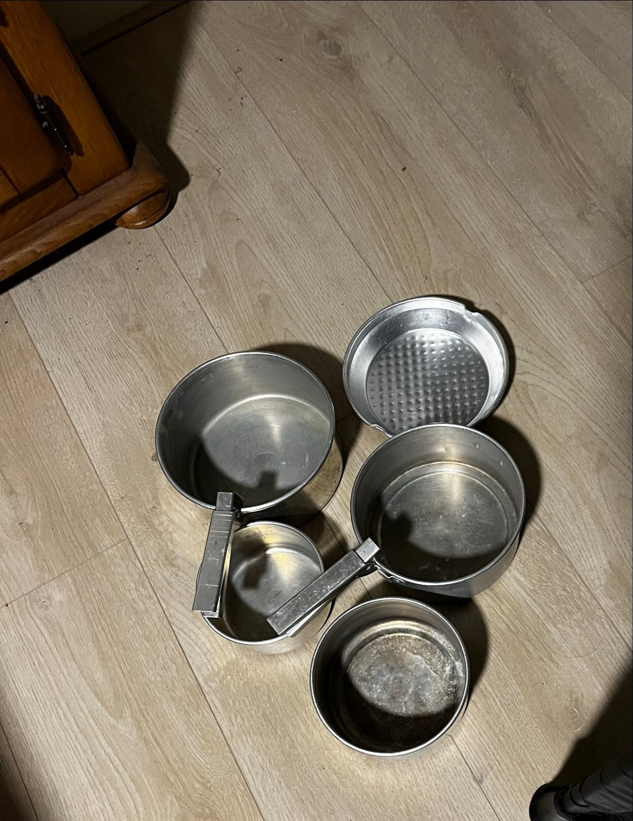 Aluminium pannenset - 5-delig, Gebruikt, Met deksel, Aluminium, Pannenset
