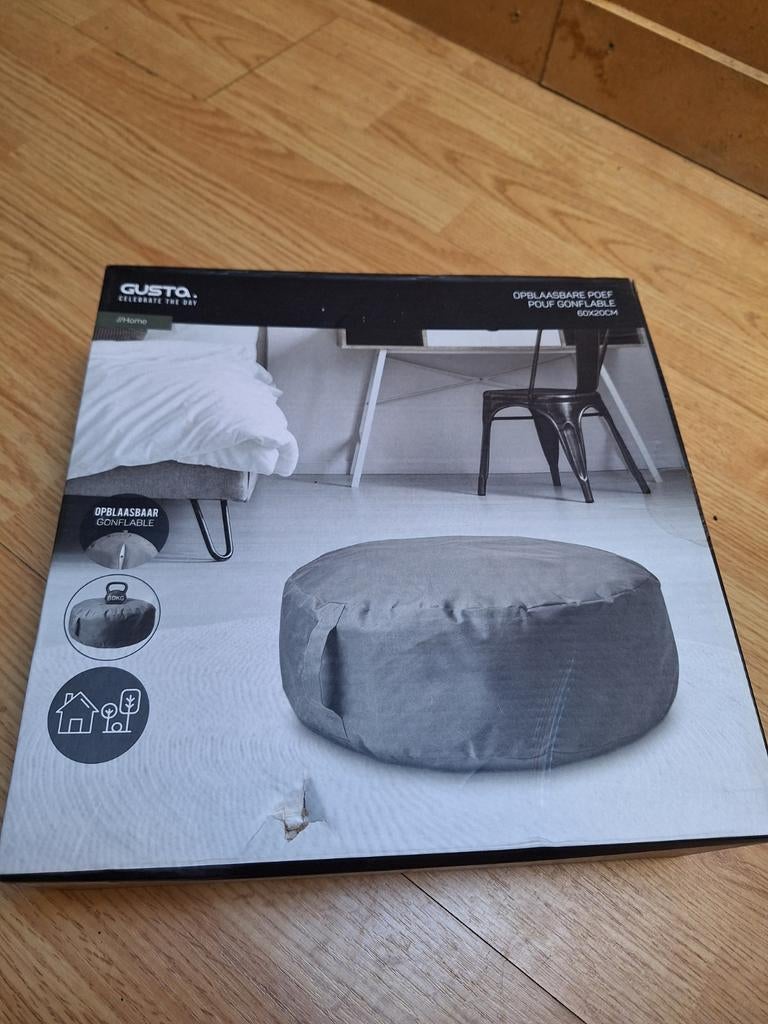 Gusta Opblaasbare Poef - Grijs, 60x20cm, Huis en Inrichting, Banken | Voetenbanken en Poefen, Stof, Nieuw, Ophalen of Verzenden