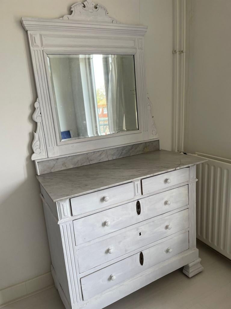 Vintage commodekast met spiegel en marmeren blad, Ophalen, Gebruikt, Vintage, 50 tot 100 cm