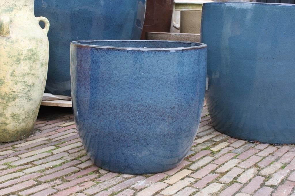 Prachtige GROTE blauwe aardewerk bloempotten geglazuurd rond, Tuin en Terras, Bloempotten, Ophalen, 40 cm of meer, Rond, Balkon