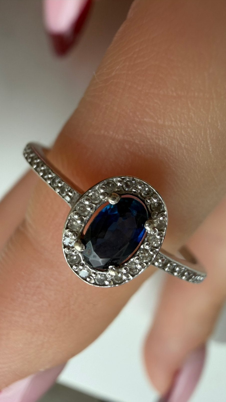 14K White Gold Sapphire & 32 Diamond Ring, Wit, Ophalen of Verzenden, Met edelsteen, Dame