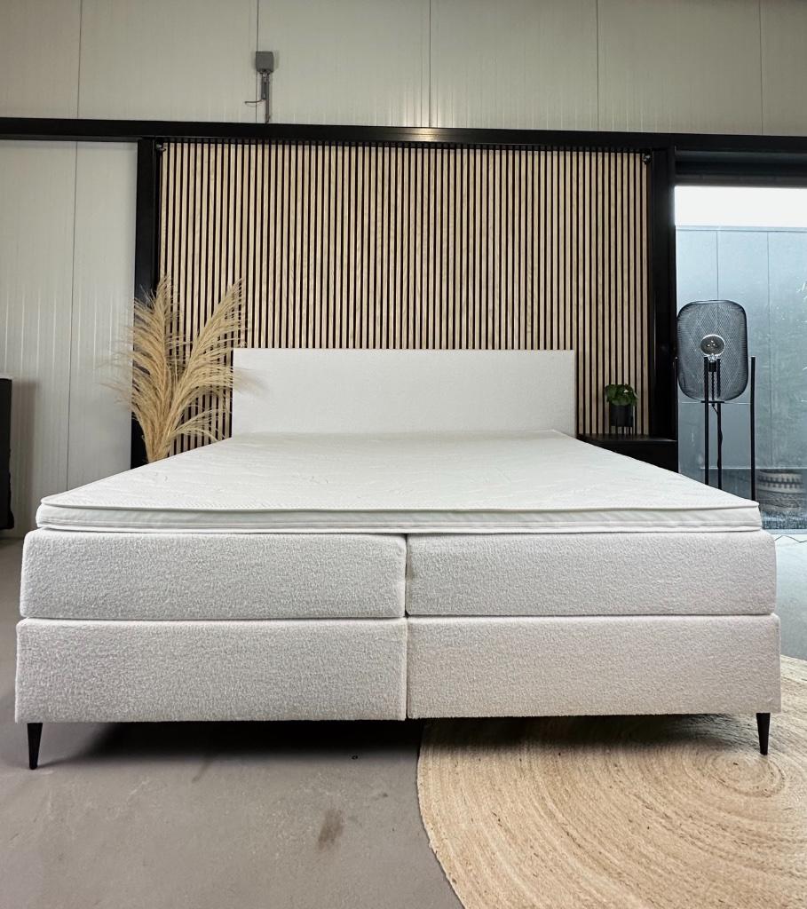 BOXSPRING + TOPPER POCKETVERING TEDDY 180X200 WIT COMPLEET, Huis en Inrichting, Verzenden, Wit, Nieuw, 180 cm