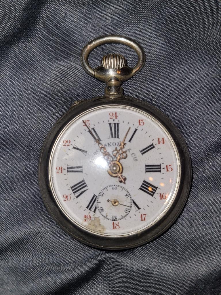 ANTIQUE MEN'S SWISS OPEN FACE POCKET WATCH LOUIS ROSKOPF, Ophalen of Verzenden
