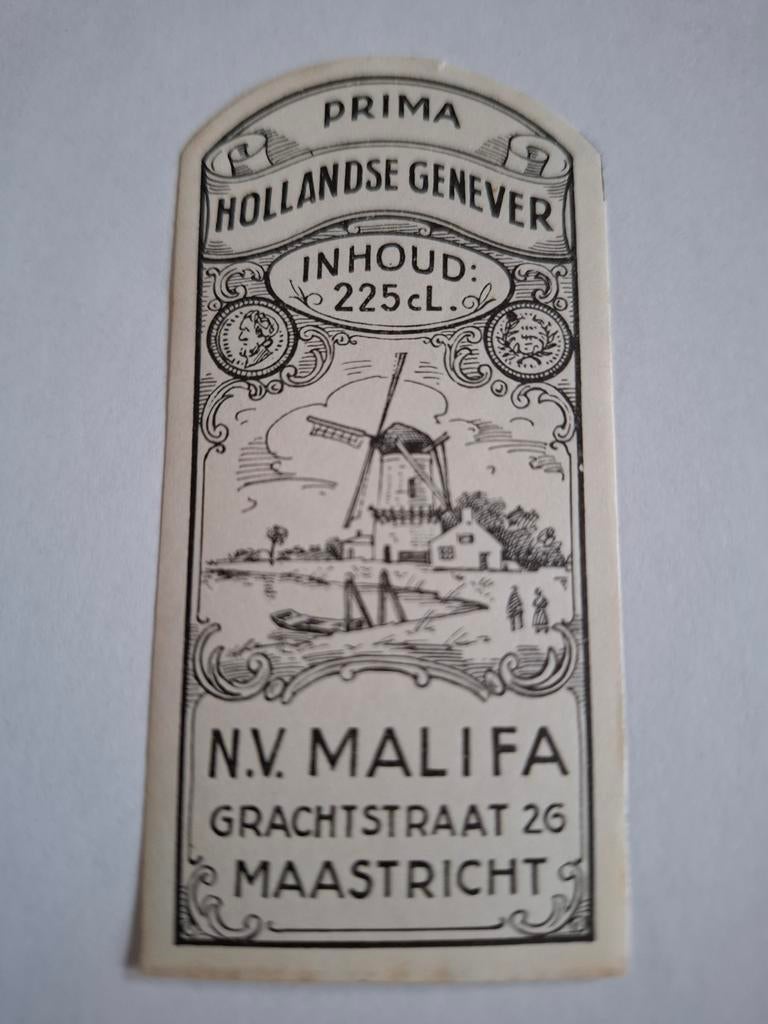 Klein jenever etiket Malifa brouwerij de Keizer Maastricht, Ophalen of Verzenden