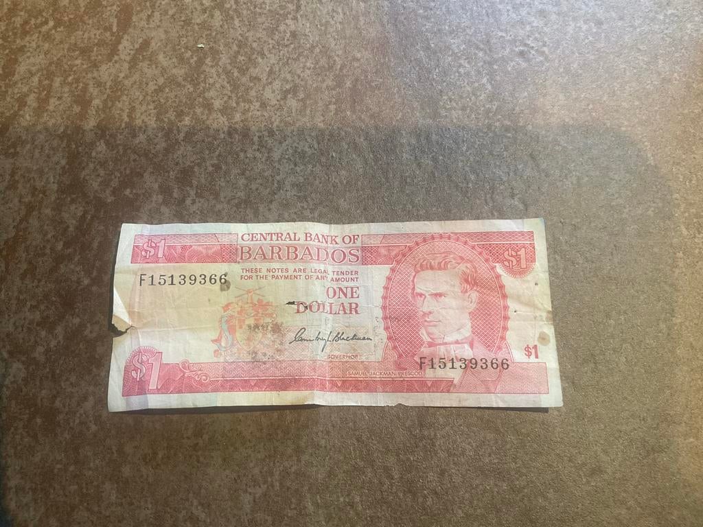 Barbados 1 Dollar Biljet - Gebruikt, Postzegels en Munten, Bankbiljetten | Amerika, Los biljet, Midden-Amerika, Ophalen of Verzenden
