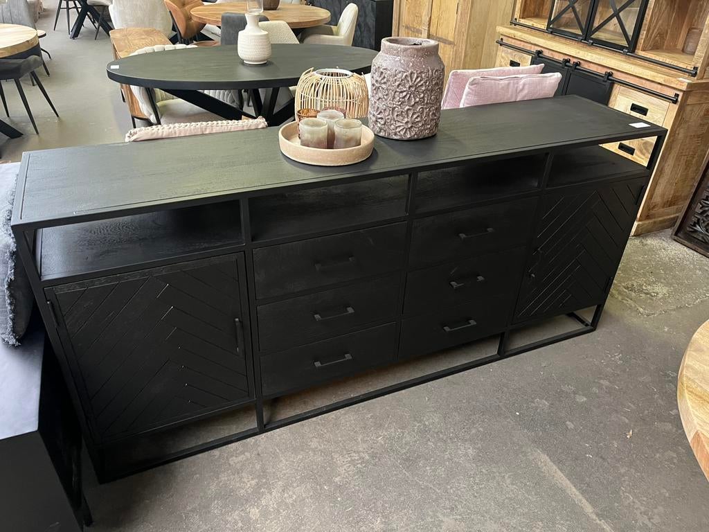 Magazijn leegverkoop dressoir zwart mangohout visgraat actie, Nieuw, Ophalen of Verzenden, Info@wkhome.nl, Argonweg 20 Amersfoort
