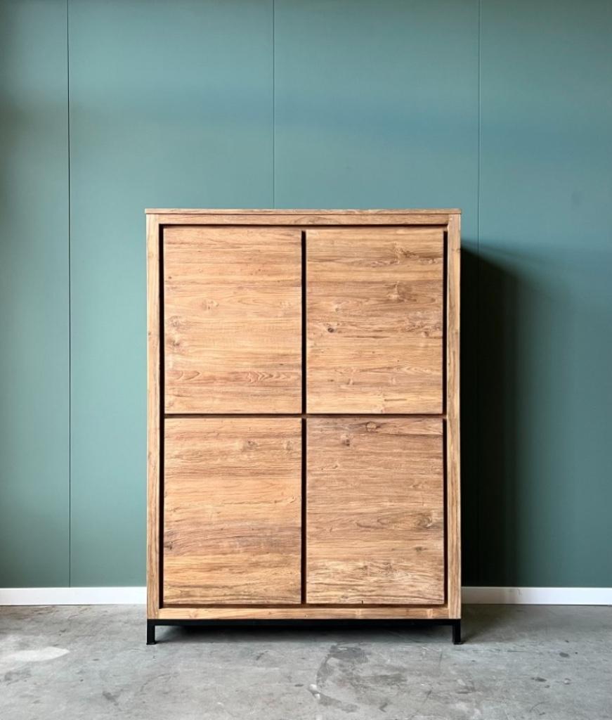 Moderne kast met stalen onderstel massief teakhout, Met deur(en), 100 tot 150 cm, Verzenden, Teakhout