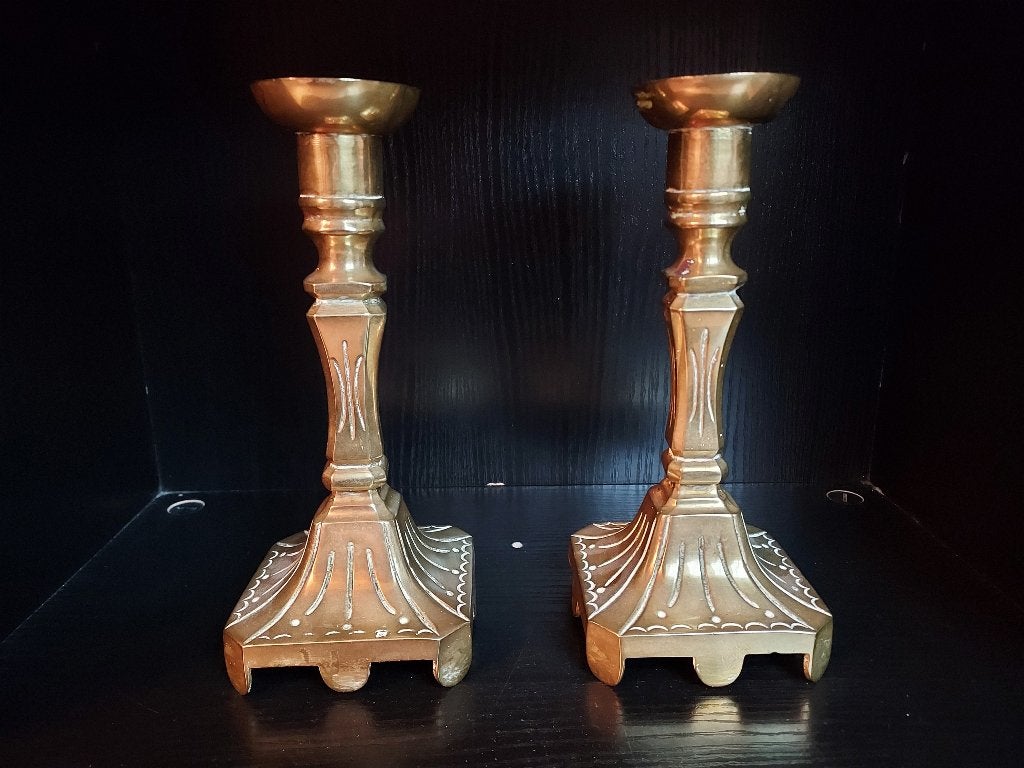 Twee 19e eeuwse bronzen kandelaars, Ophalen of Verzenden, Koper of Brons