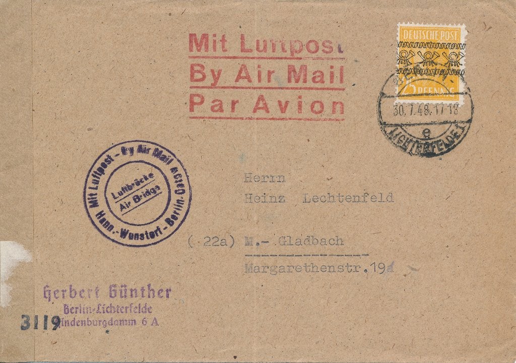 BIZONE. Brief (EF) Mi.nr 45 I - 30.7.48+luchtpost/luchtbrug, Ophalen of Verzenden, BRD, Gestempeld