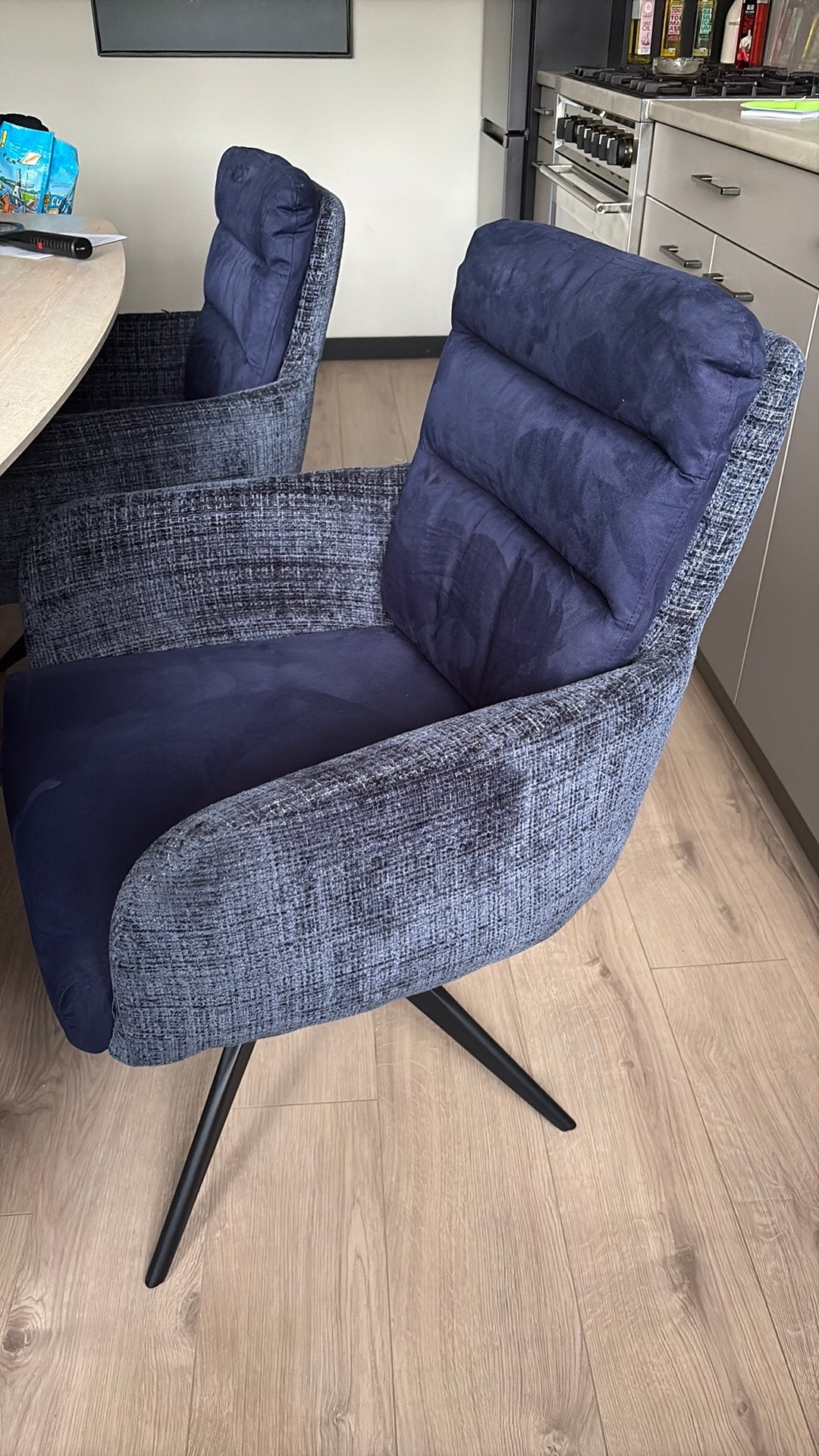 6 eettafel stoelen. 180* graden draaibaar, Ophalen of Verzenden, Gebruikt, Blauw