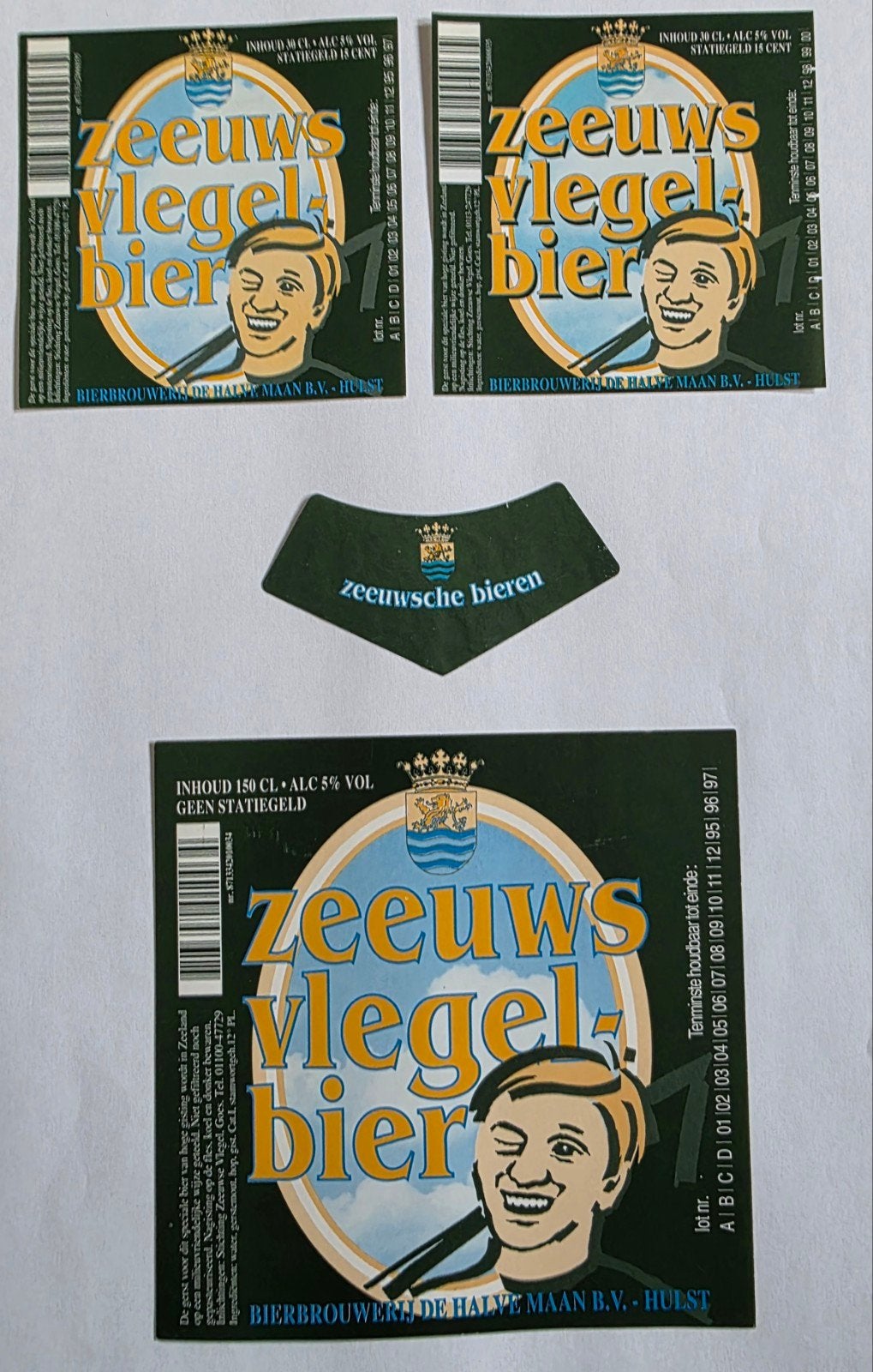 098) 3 BIERETIKETTEN  ZEEUWS VLEGEL BIER DE HALVE MAAN HULST, Verzamelen, Biermerken, Verzenden, Zo goed als nieuw, Overige typen