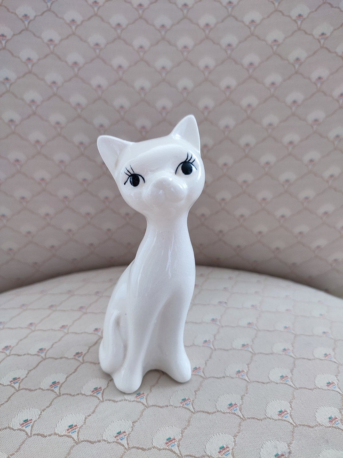 Vintage Witte Keramische Kat  poes poesje beeldje Decoratie, Vintage, Gebruikt, Ophalen of Verzenden, Wit