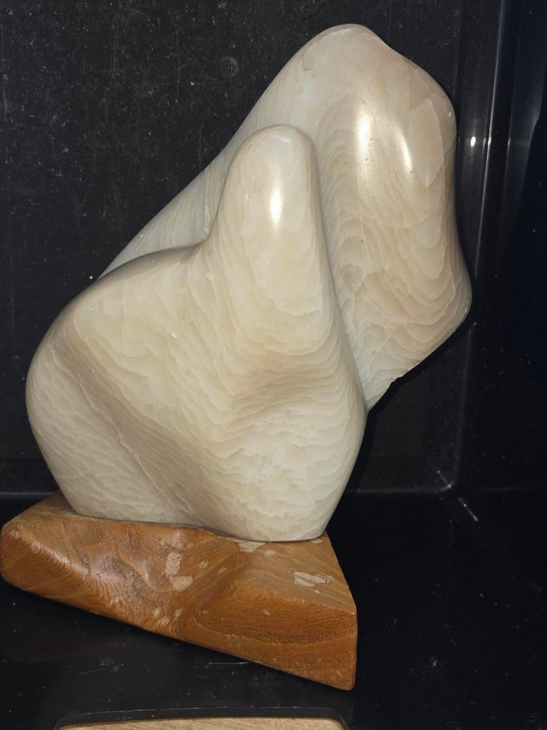 Abstract beeld van steen op houten sokkel