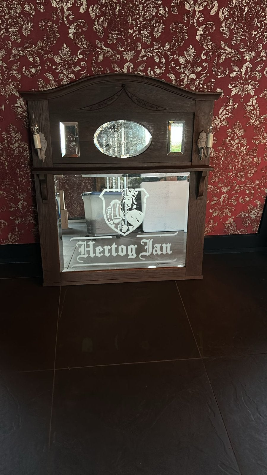 Antieke Hertog Jan spiegel / wandspiegel – geëtst glas, Verzamelen, Merken en Reclamevoorwerpen, Ophalen, Gebruikt, Reclamebord