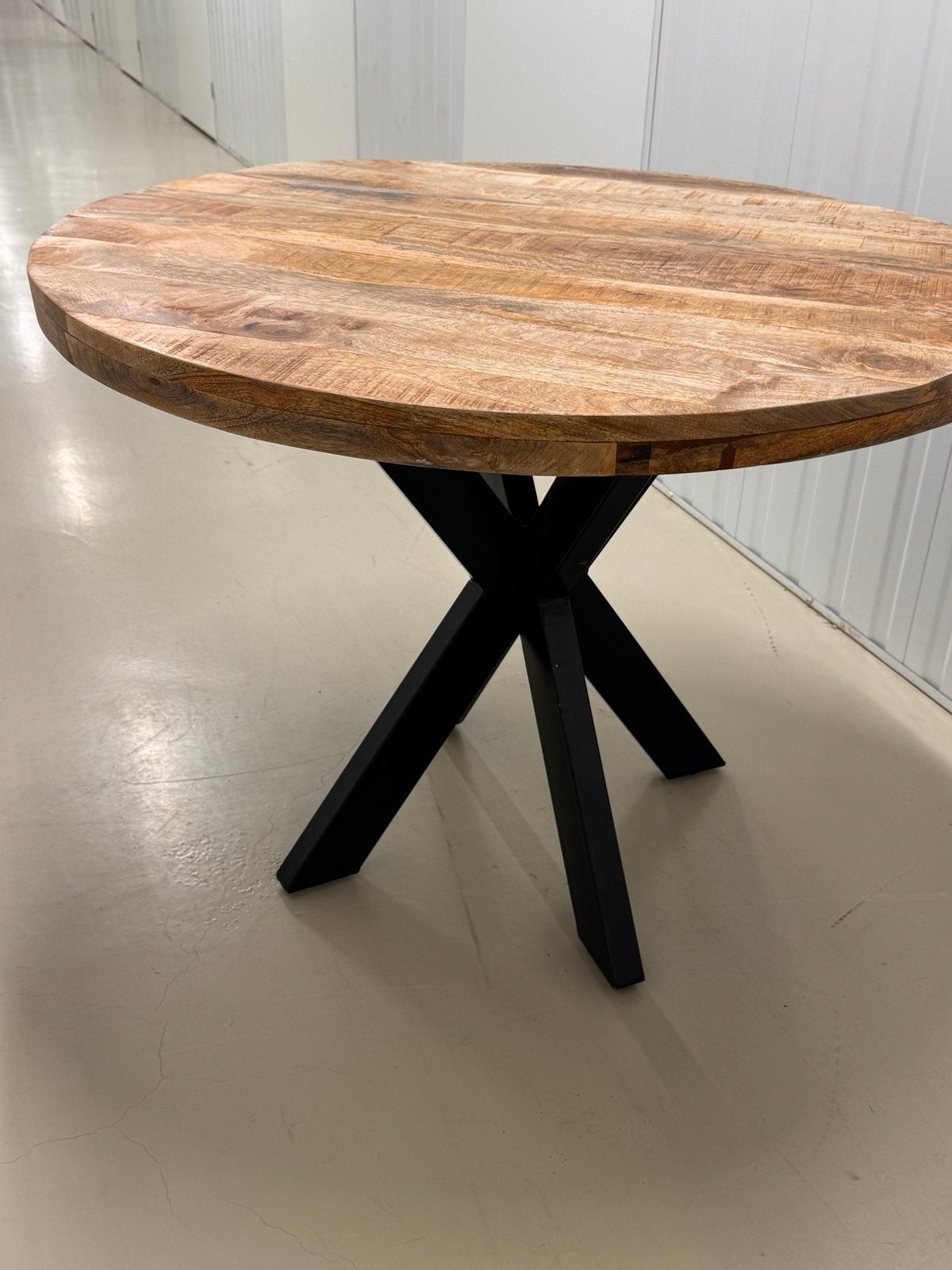 Ronde houten eettafel 120 cmmet zwarte metalen voet, Ophalen, Gebruikt, 100 tot 150 cm, Rond
