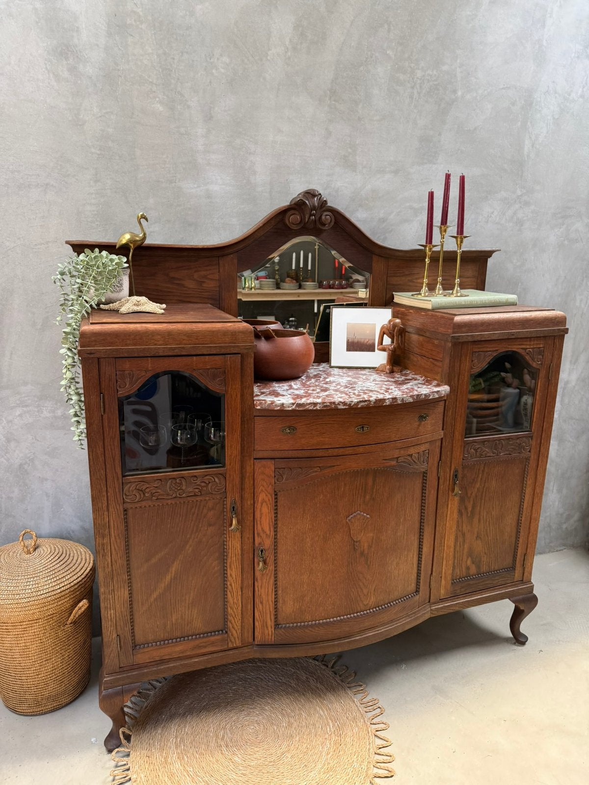 Antiek dressoir met spiegel en marmeren blad, Ophalen, Antiek - brocant, Gebruikt, 100 tot 150 cm