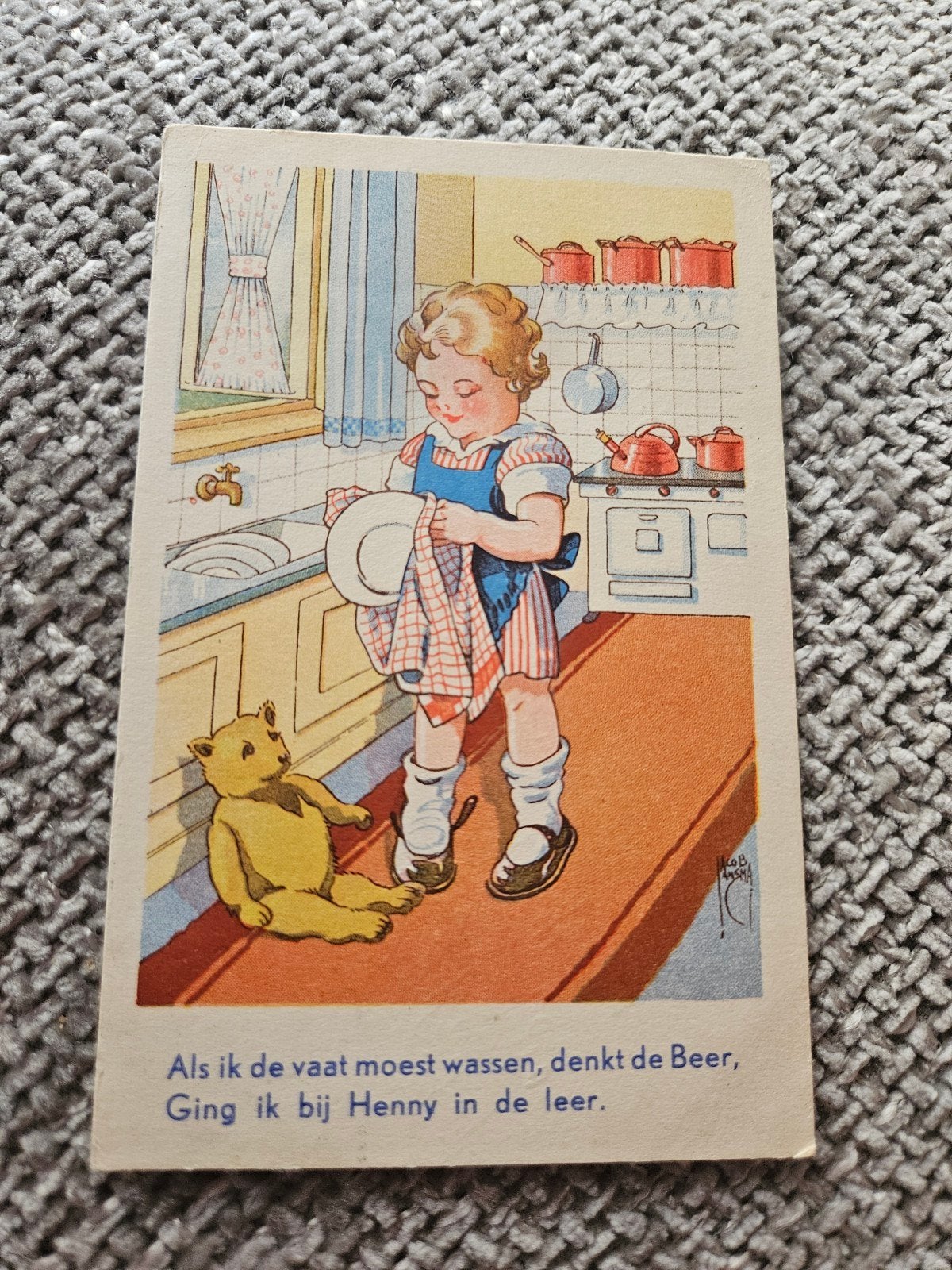 Jacob Jansma: Kind doet de afwas met beer, Verzamelen, Ansichtkaarten | Themakaarten, Ophalen of Verzenden