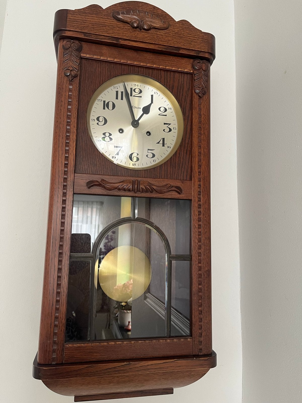 Antieke Athos wandklok met slinger en gong, Ophalen of Verzenden
