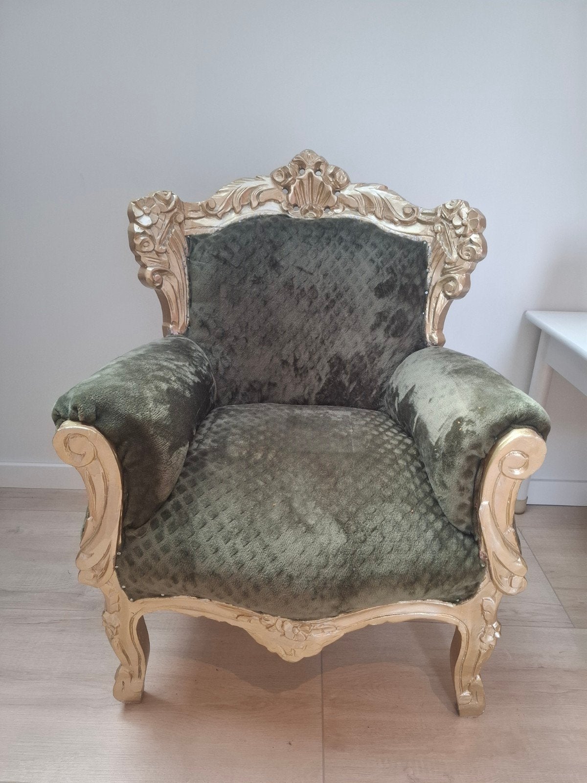 Barokke kinderfauteuil - Groen fluweel met goudkleurig hout, Antiek en Kunst, Ophalen