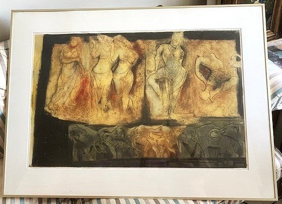 Litho : "Tempelolifanten" 1989 - Ru van Rossem 1924-2007, Antiek en Kunst, Kunst | Litho's en Zeefdrukken, Ophalen, Met glas, Lithografie