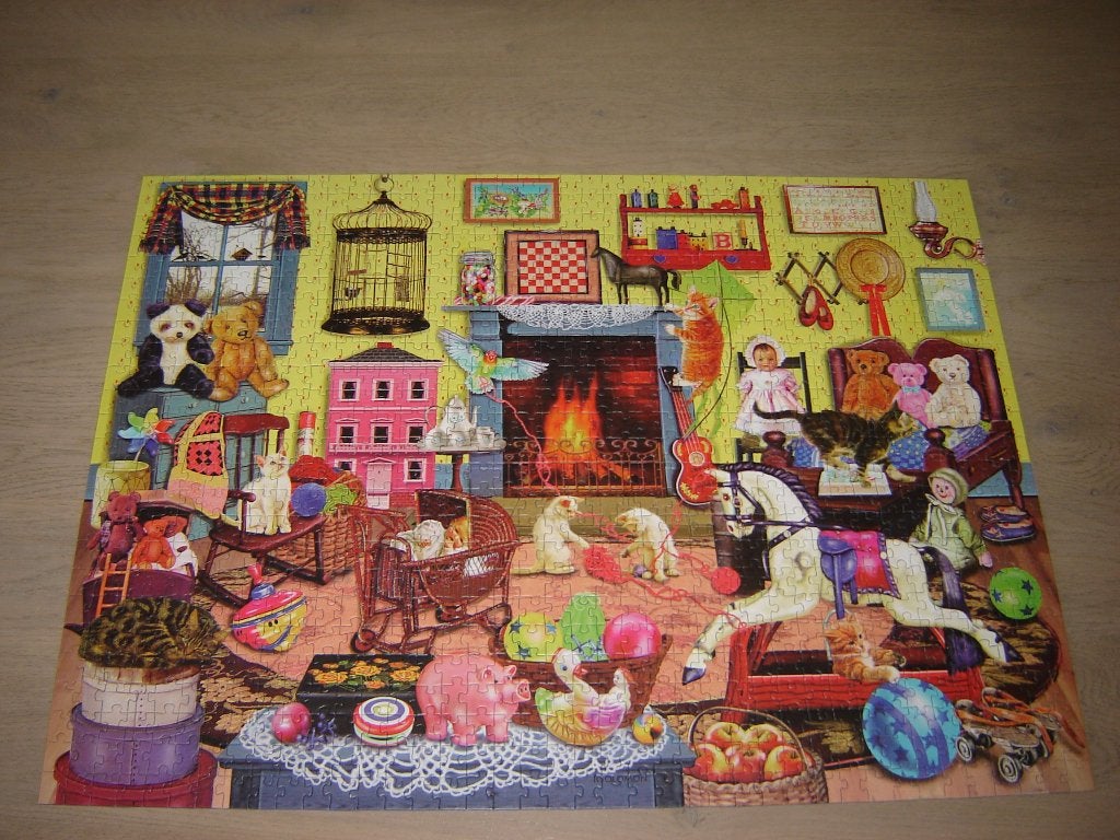 Puzzel GEZELLIG HUIS EN SCHATTIGE KATTEN 1000 st., Ophalen of Verzenden, 500 t/m 1500 stukjes, Zo goed als nieuw, Legpuzzel