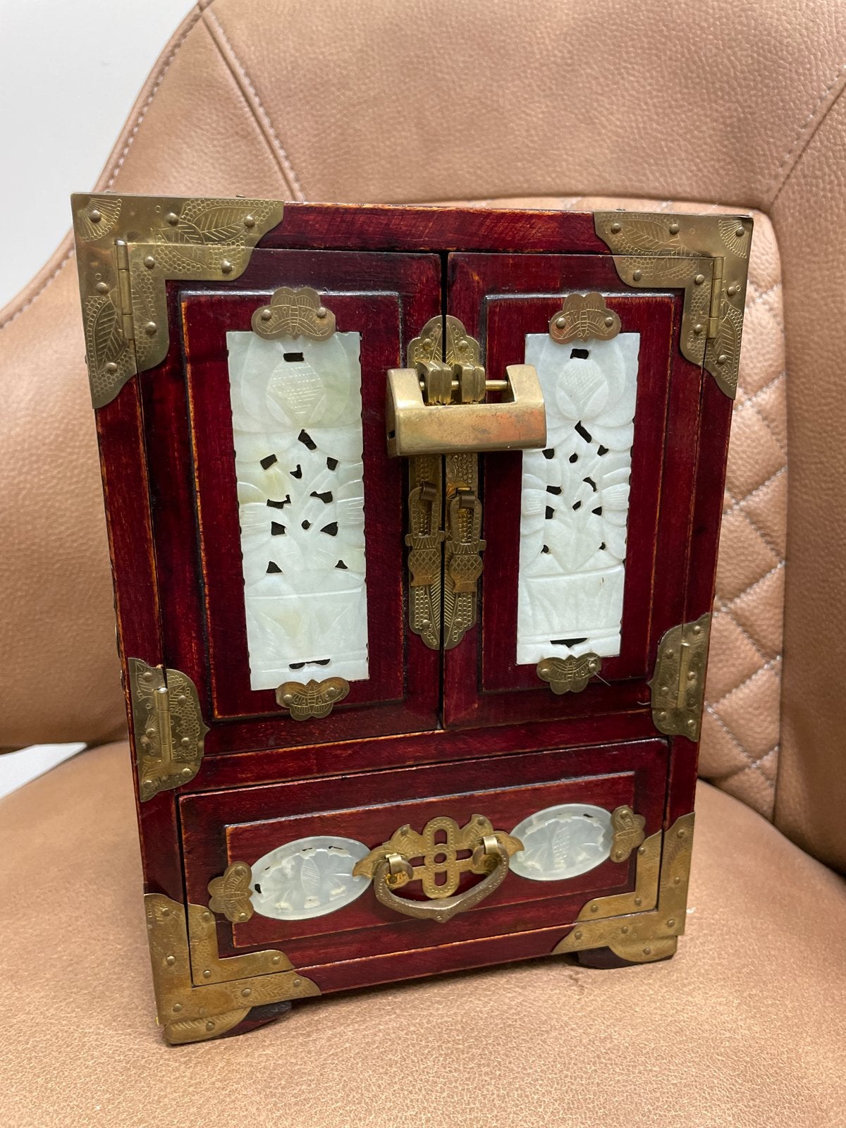 Vintage Chinese Juwelendoos met Jade Inleg en Messing, Ophalen of Verzenden