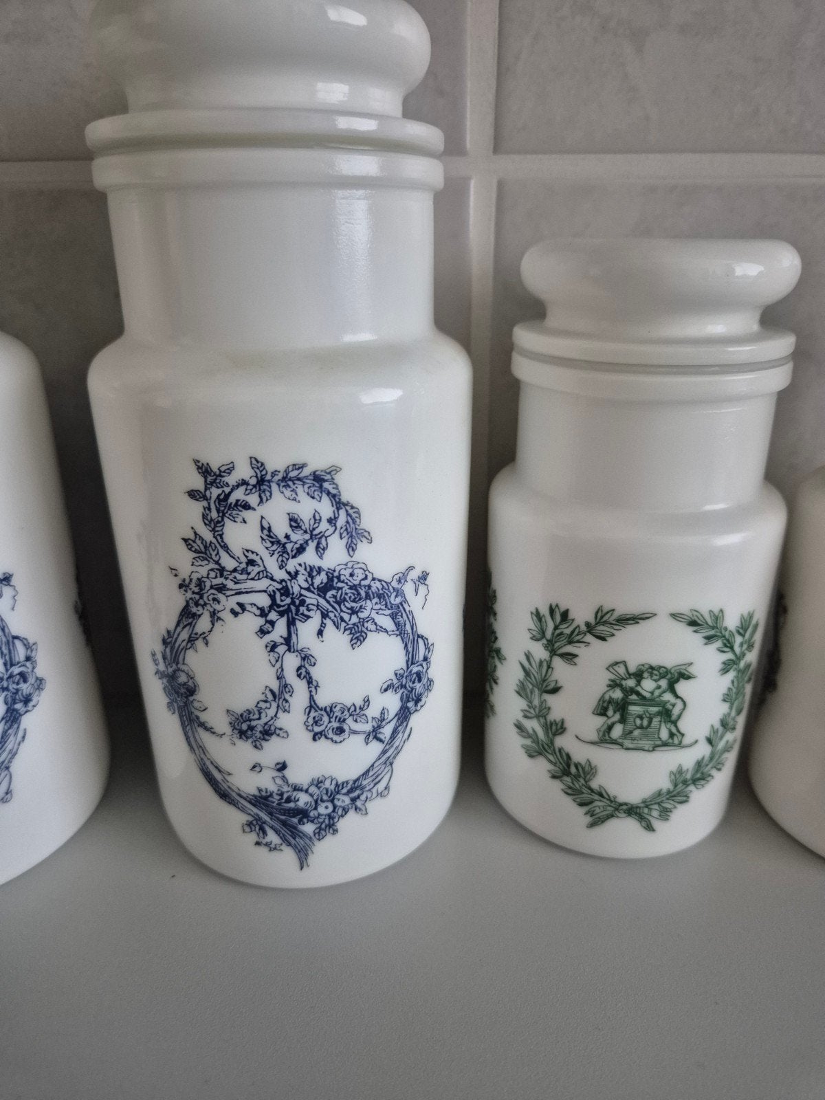 Set van 5 Vintage Apothekerspotten met Decoratie, Ophalen of Verzenden