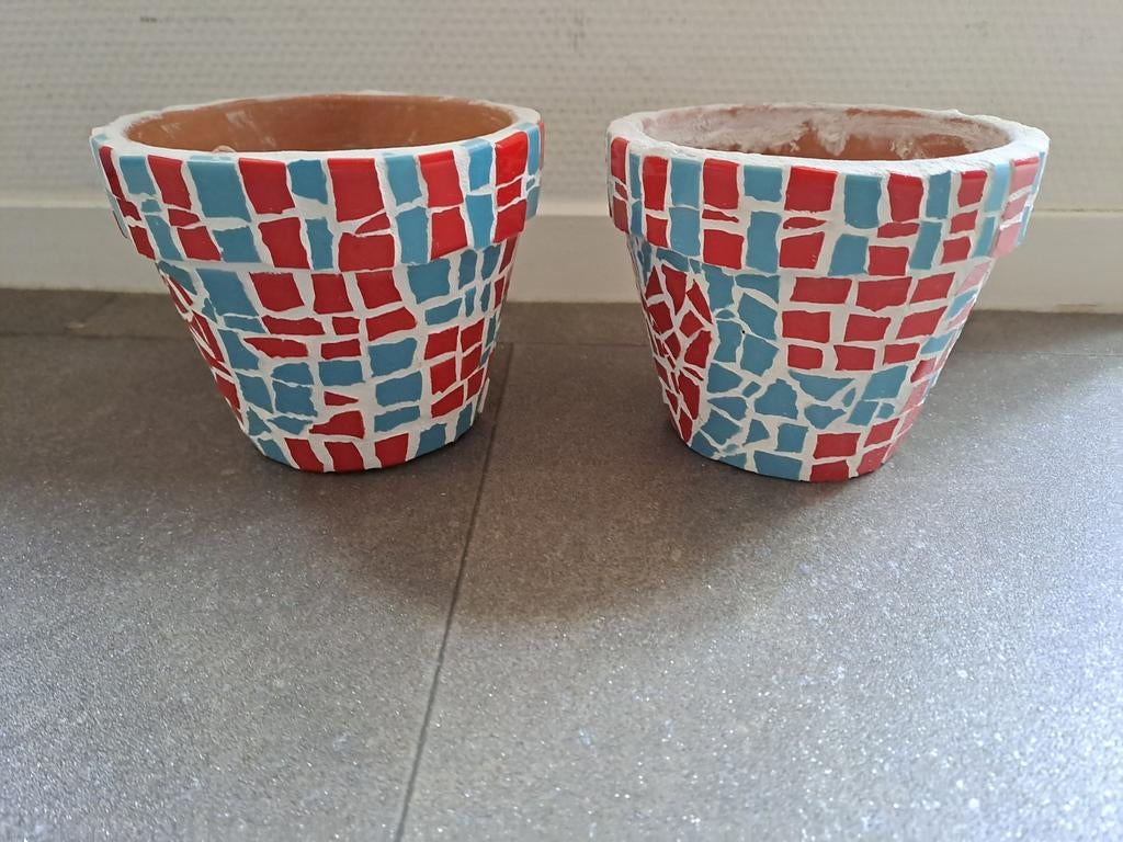 Set van 2 mozaïek bloempotten, rood/blauw, Gebruikt, Rond, Ophalen of Verzenden, Balkon