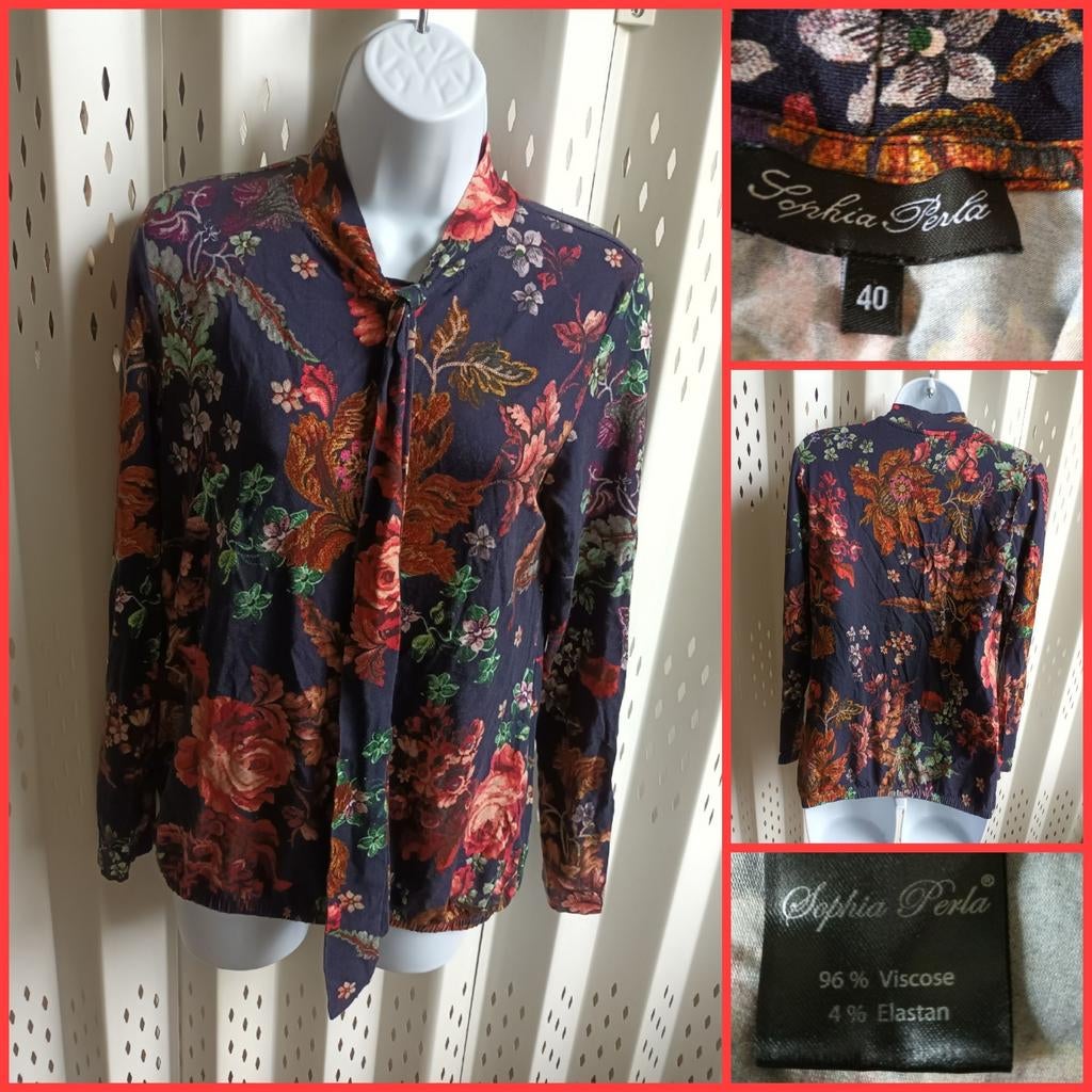 Sophia Perla donkerblauwe damestop met bloemenprint stretch, Maat 38/40 (M), Blauw, Ophalen of Verzenden, Zo goed als nieuw