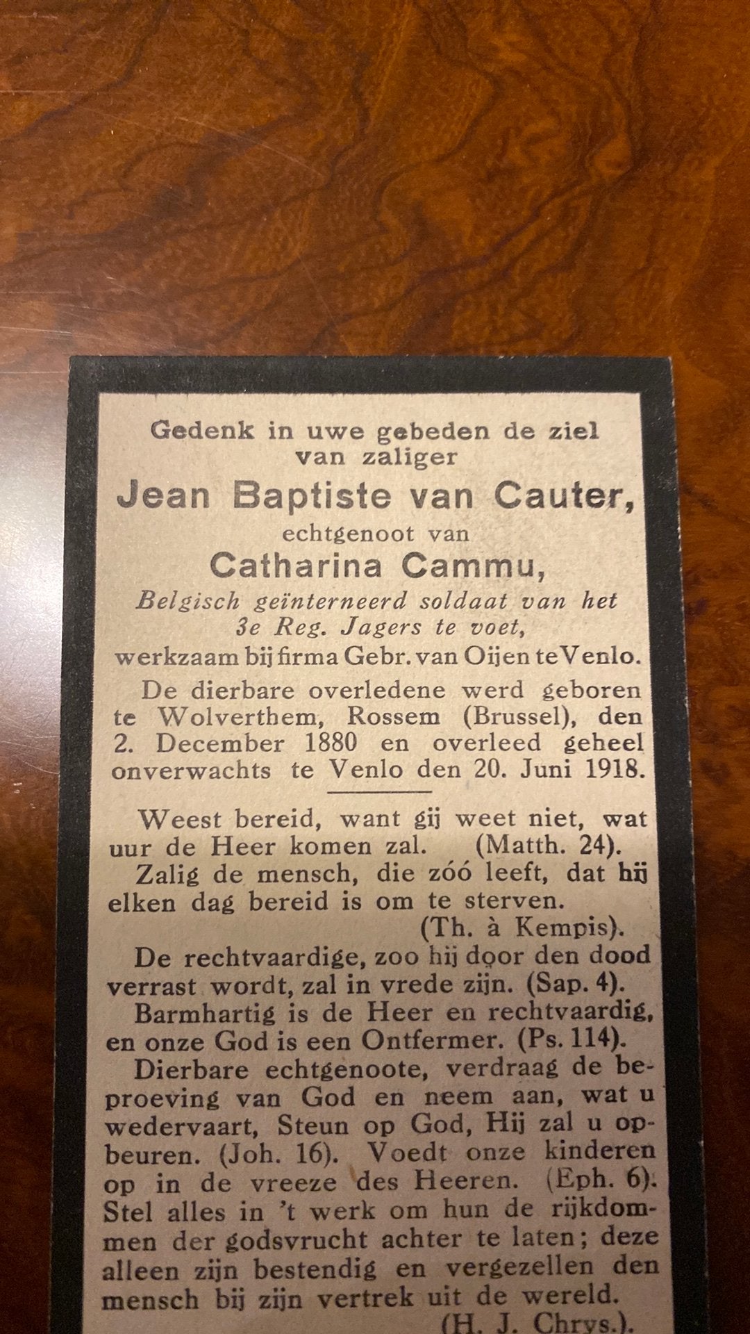 JB van Cauter x Cammu 1880 Wolverthem 1918 Venlo, Verzamelen, Bidprentjes en Rouwkaarten, Ophalen of Verzenden