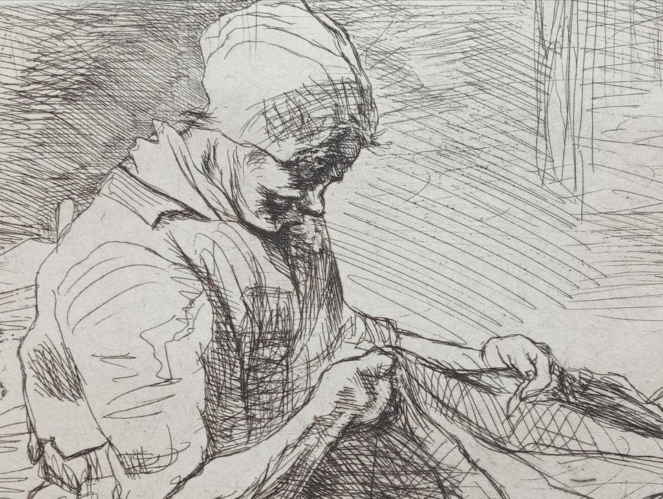 Jozef Israëls De Nettenboetser originele Ets, Antiek en Kunst, Ophalen of Verzenden