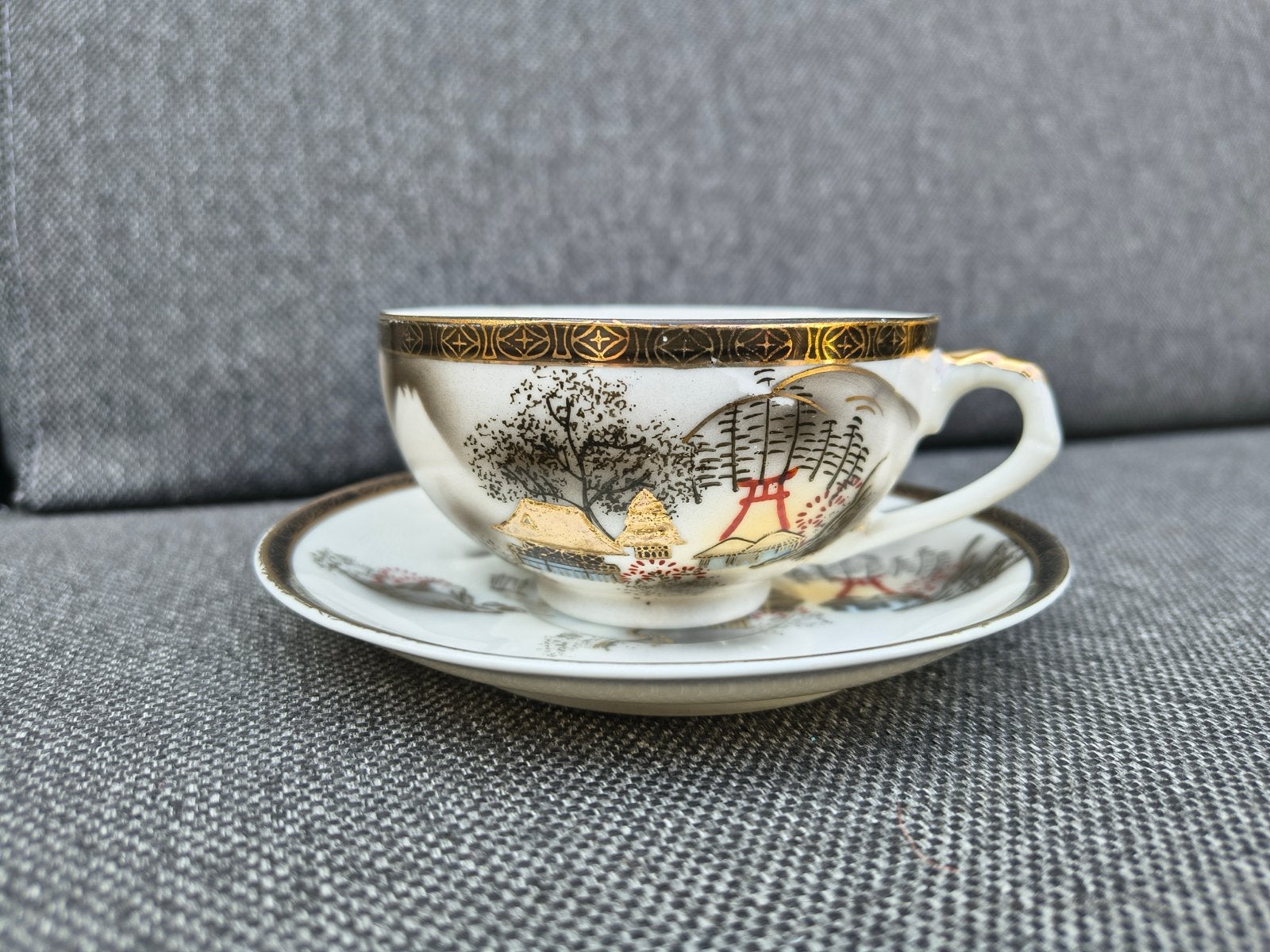 Vintage Japans theeservies met verborgen lithofaan, Ophalen of Verzenden