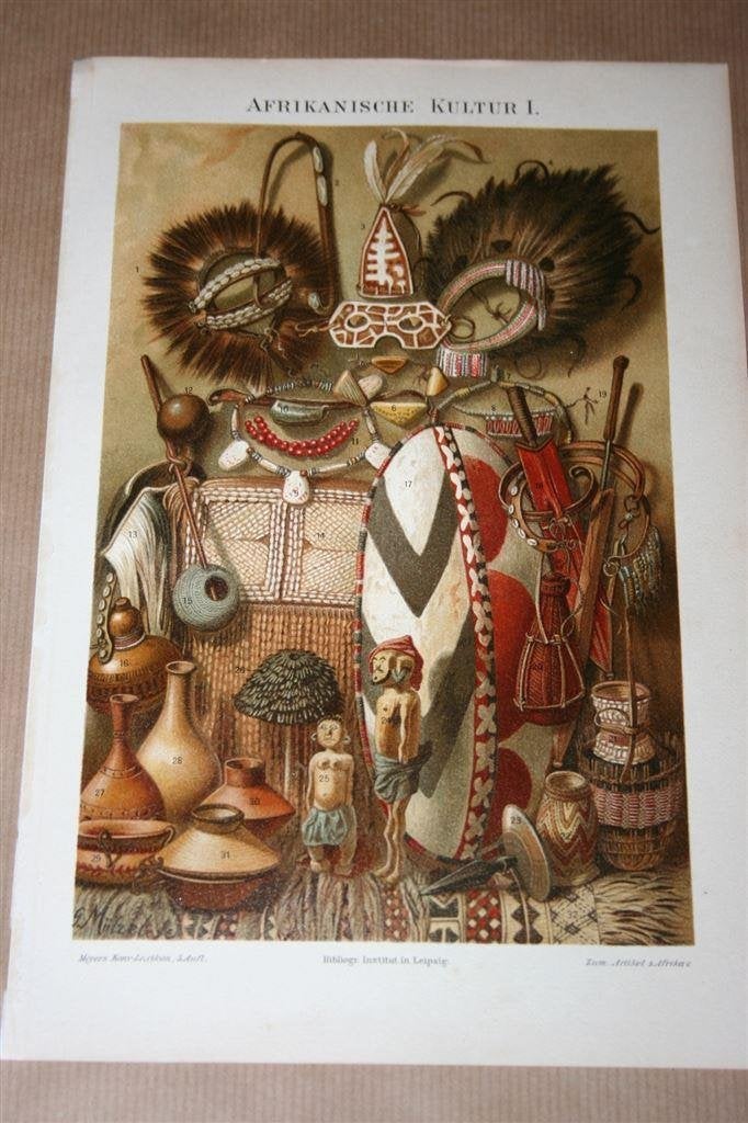 Antieke kleurenlitho - Cultuur e.d. van Afrika - Ca 1900 !!, Antiek en Kunst, Kunst | Litho's en Zeefdrukken, Ophalen of Verzenden