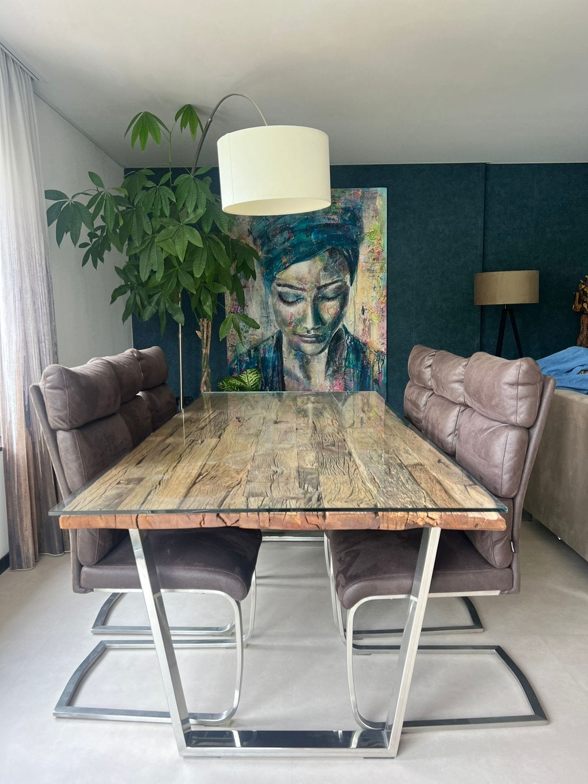Houten tafel met glasplaat + 6 stoelen van Cantus, Huis en Inrichting, Ophalen, Gebruikt, Bruin, Stof