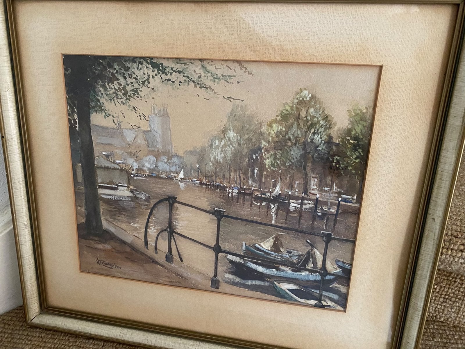 Schilderij Haven van Dordrecht door H. Romijn, Maritiem / water, Doek, Realistisch, Ophalen of Verzenden