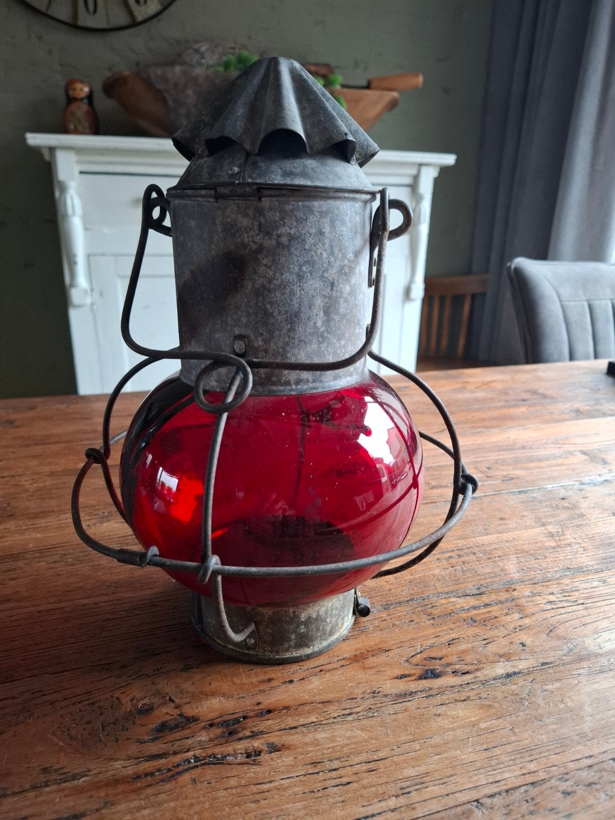 Antieke scheepslamp met rood glas, Ophalen of Verzenden