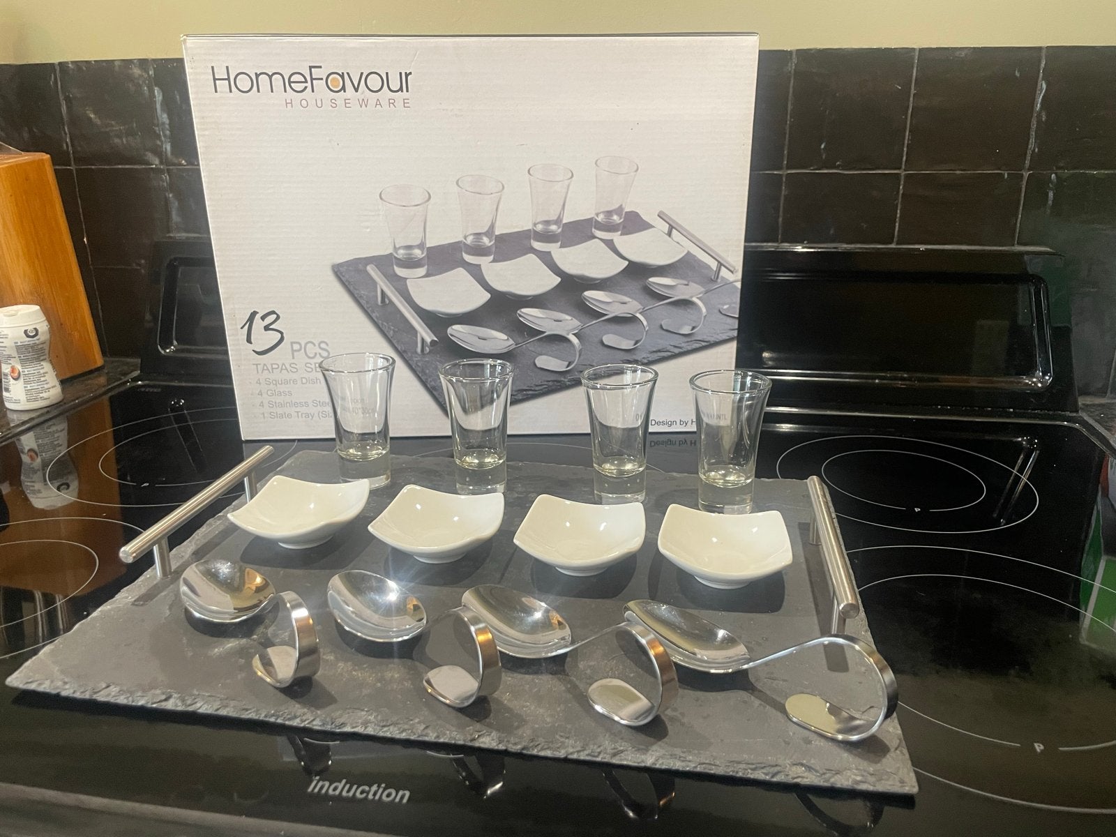 Twee amuse sets met leistenen tray (30x40 cm), Overige typen, Nieuw, Ophalen of Verzenden, Zwart