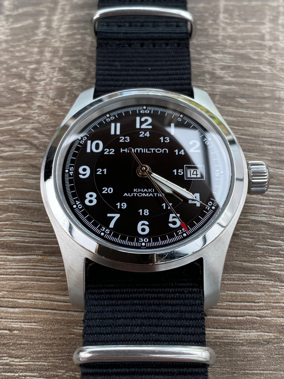 Hamilton Khaki Field Automatic 42mm, Ophalen of Verzenden, Gebruikt, Leer, Overige merken