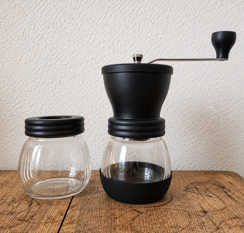 Hario Skerton handmatige koffiemolen + extra glazen pot, Ophalen of Verzenden, Gebruikt, Overige merken, Koffiemolen