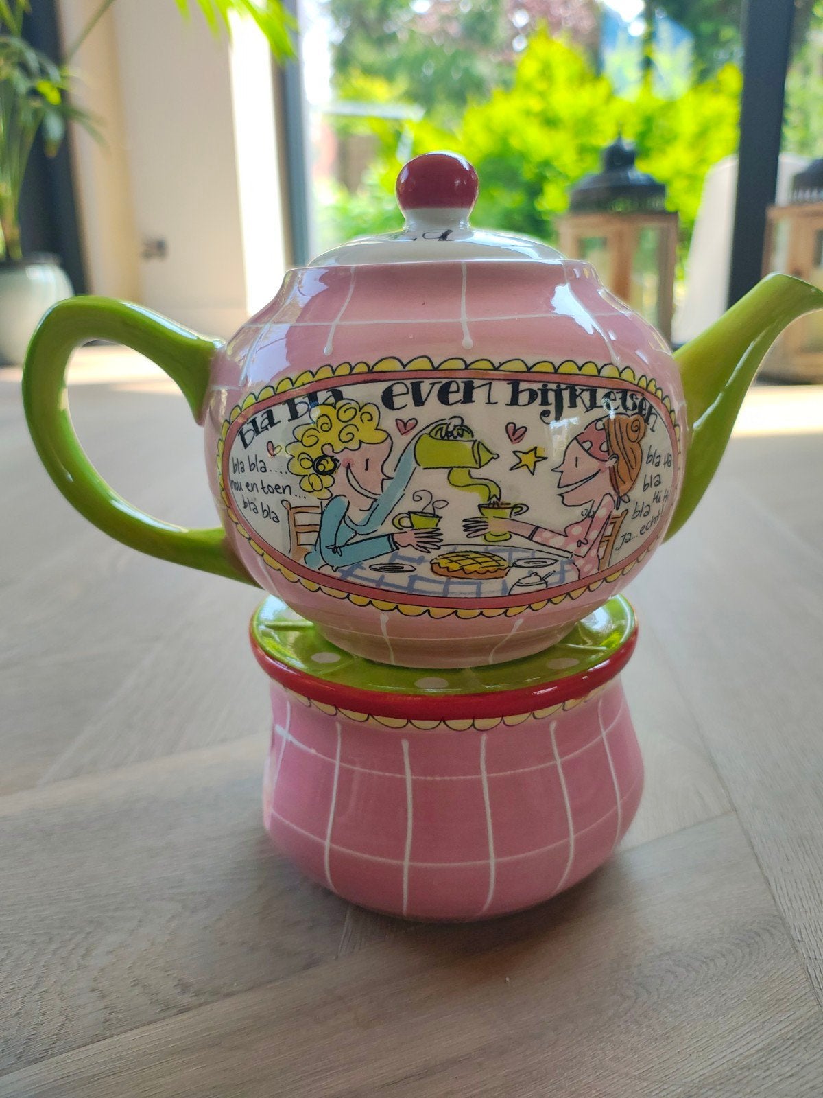 Leuke Blond Amsterdam theepot met lichtje - Roze met groen, Gebruikt, Roze, Steen/keramiek, Overige merken