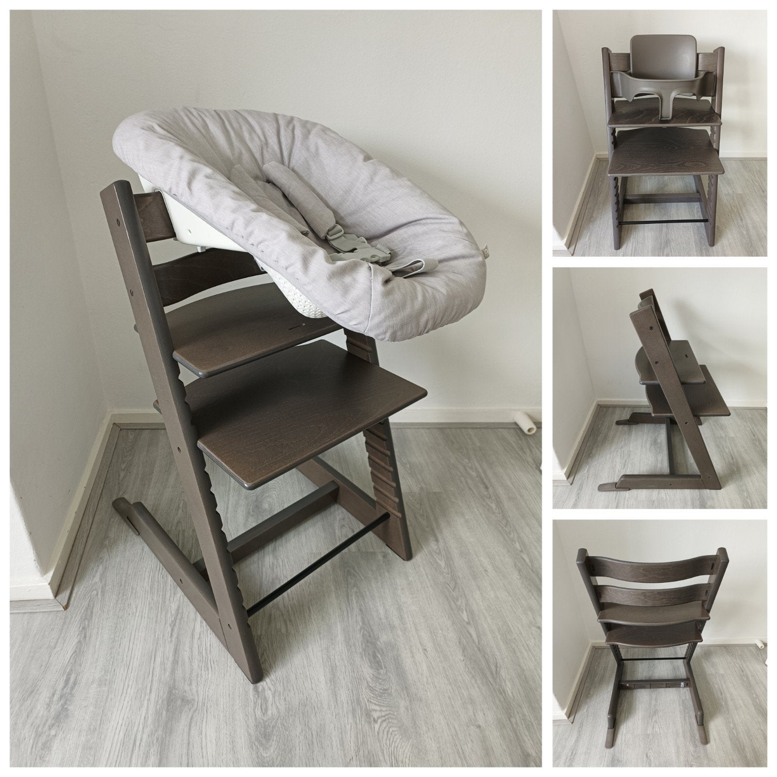 ZGAN! Stokke Tripp Trapp hazy grey+babyset,2 standen newborn, Kinderen en Baby's, Kinderstoelen, Meegroeistoel, Ophalen of Verzenden