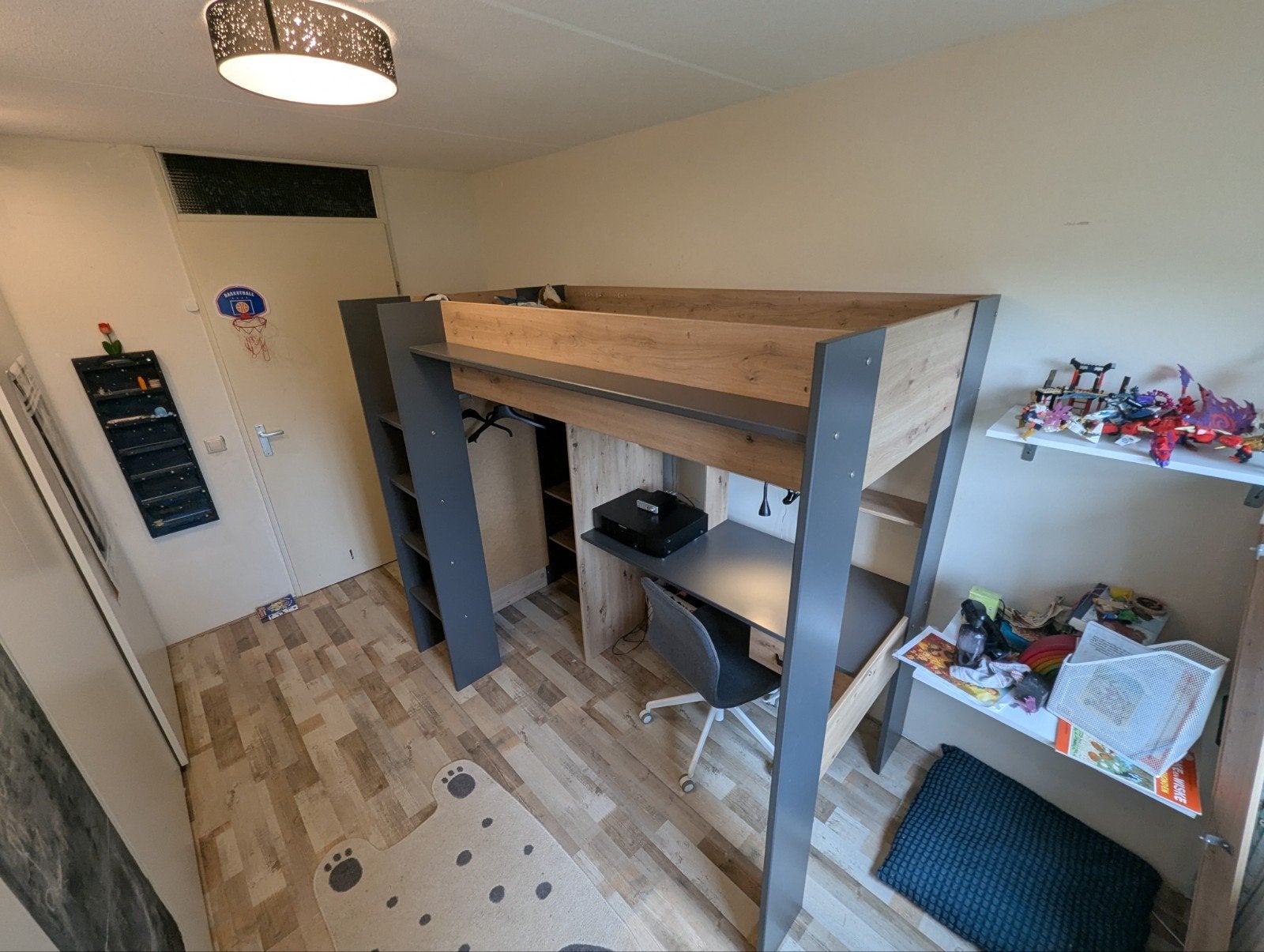 Hoogslaper met bureau en kledingkast - Grijs/Hout, Ophalen, 85 tot 100 cm, Gebruikt, Hoogslaper of Stapelbed