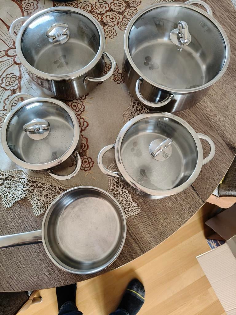 BK Pannenset RVS met glazen deksels, Gebruikt, Pannenset, Ophalen of Verzenden, Rvs