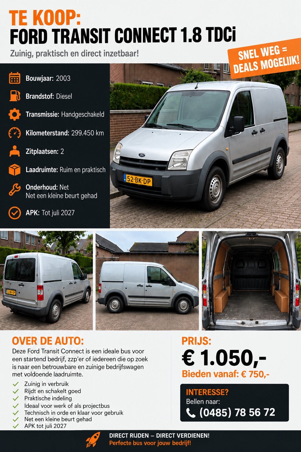 Ford Transit Connect 1.8 TDCi – APK juli 2027 –, Auto's, Voorwielaandrijving, 4 cilinders, Origineel Nederlands, Ford