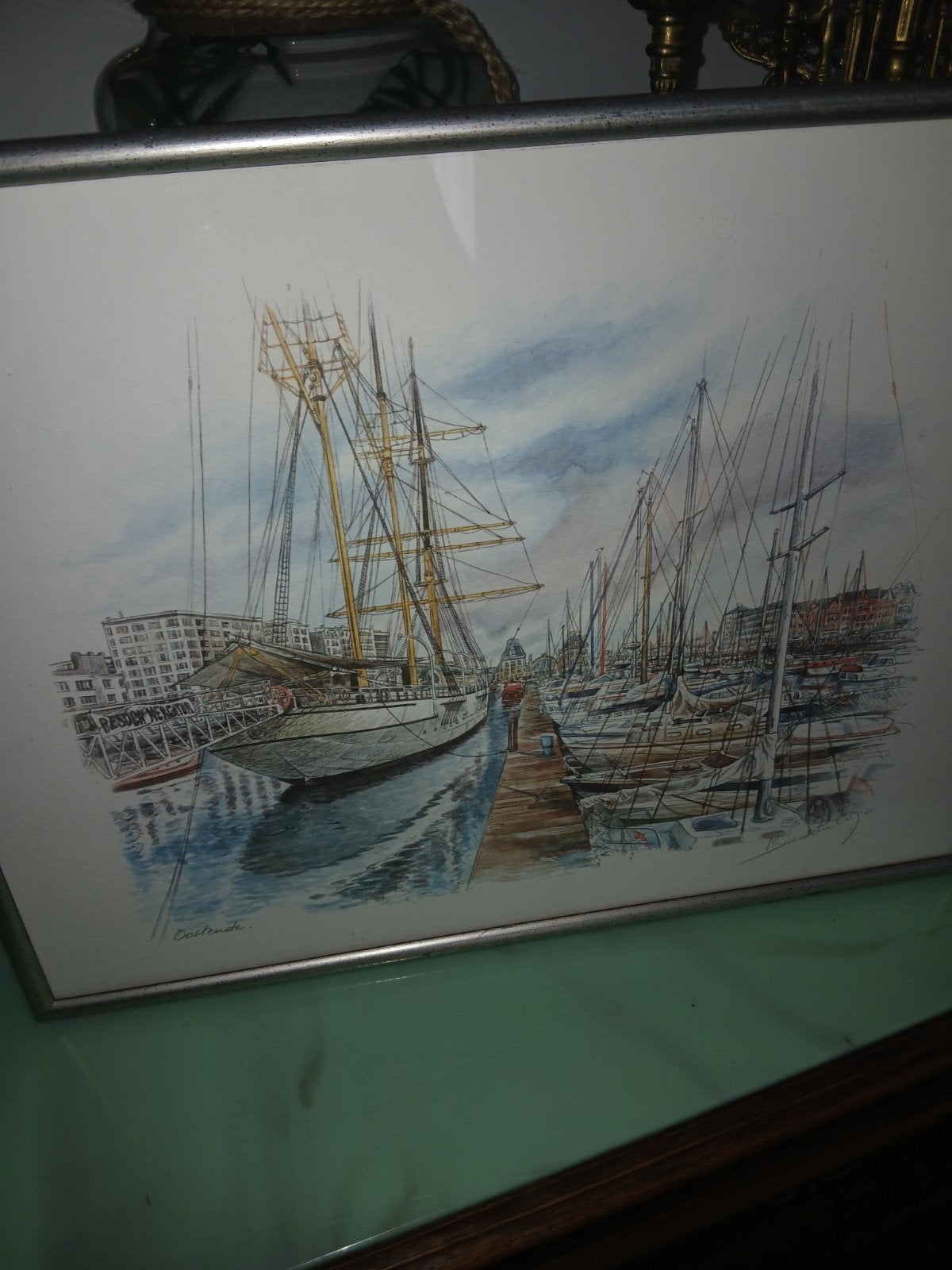 Ingelijste gesigneer aquarel van Oostende haven met Mercator, Antiek en Kunst, Ophalen of Verzenden