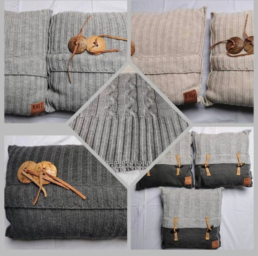 Knit Factory kussens/woondeken Grijs/ Antraciet/ Beige, Overige merken, Inclusief binnenkussen, Vierkant, Ophalen of Verzenden