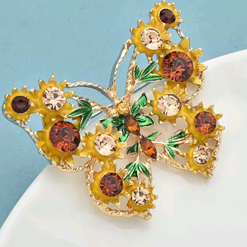 Nieuwe Bloem Vlinder Broche met Emaille en Kristallen, Sieraden, Tassen en Uiterlijk, Met kristal, Overige materialen, 4 tot 7 cm