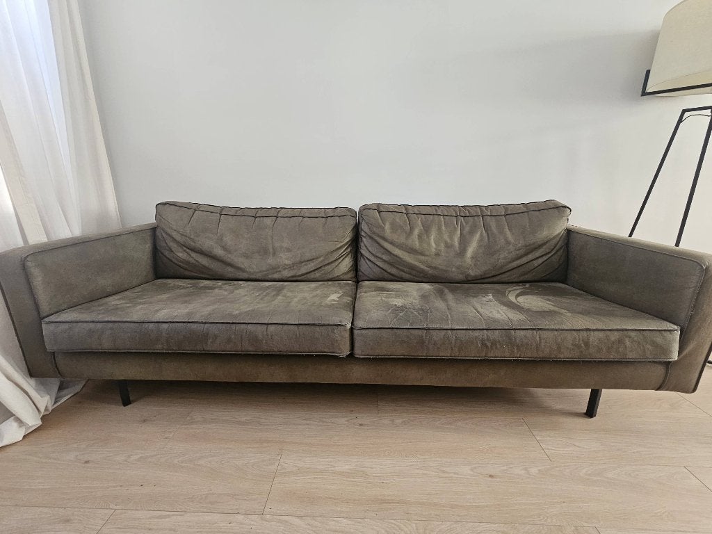 Groene 3-zits bank in velvet-suede achtige stof, Ophalen, Velvet-suede achtige stof, Driepersoons, 75 tot 100 cm