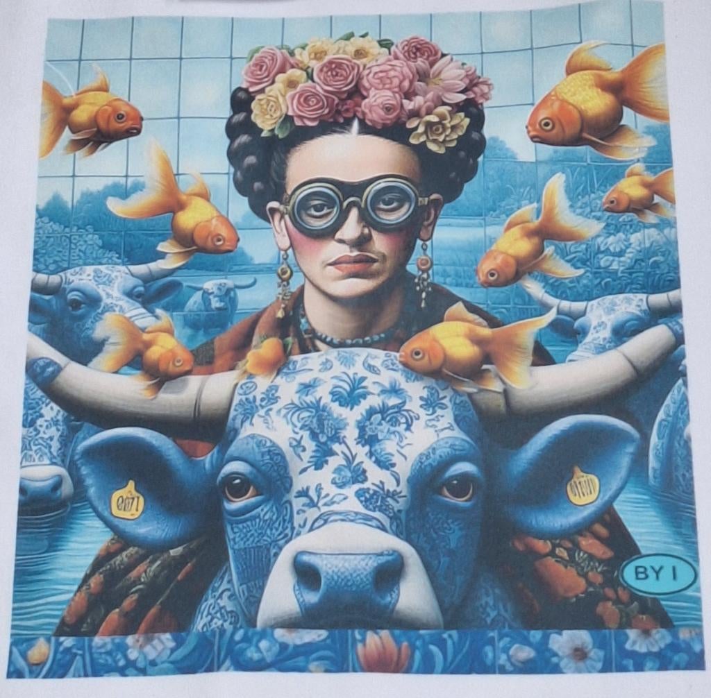 Dames t-shirt wit lange mouw FRIDA Kahlo ossenkop stier vis, Wit, Maat 46/48 (XL) of groter, Nieuw, Ophalen of Verzenden