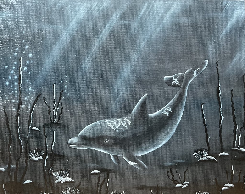 Bob Ross Style - Deepsea Dolphin - Handgeschilderd - 40x50, Ophalen of Verzenden, Dieren, Olieverf, Overige materialen